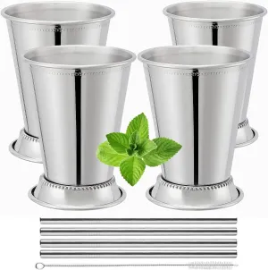 Mint Julep Cups Set of 4 with Straws - Polished Inside - 12oz Commercial Grade - Stainless Steel Mint Julep Cup - Horse Racing Derby Cups - Mint Julep Glasses are Great as Derby Party - Mint Julep Kit
