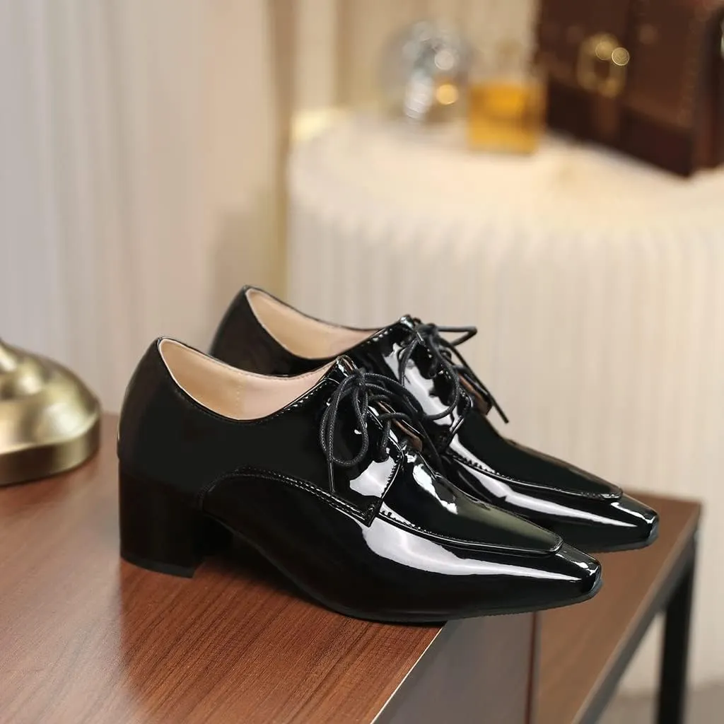 MIOKE Women's Square Toe Lace Up Pump Oxfords Vintage Chunky Block Mid Heel Brogues Comfy Office Dress Shoes