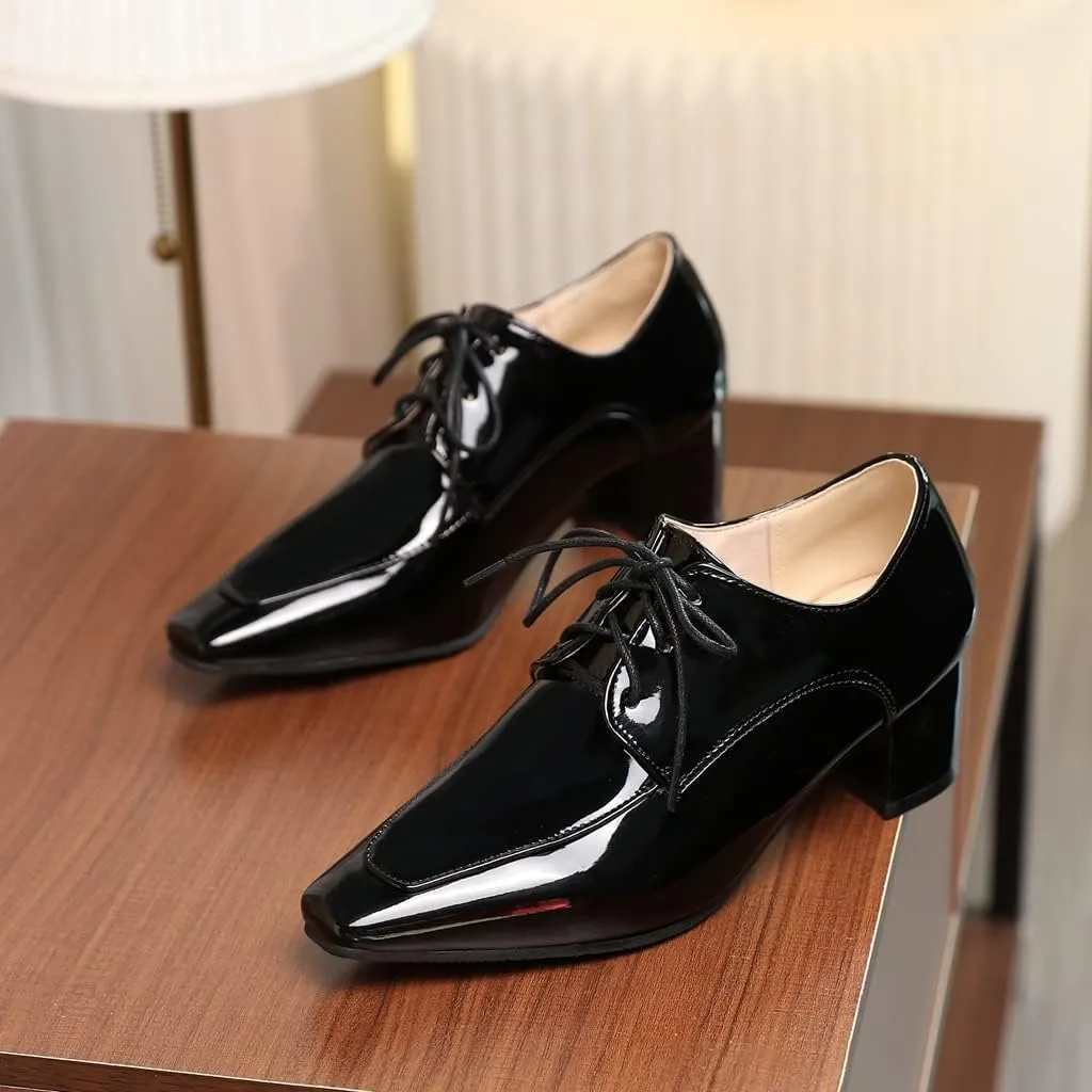 MIOKE Women's Square Toe Lace Up Pump Oxfords Vintage Chunky Block Mid Heel Brogues Comfy Office Dress Shoes