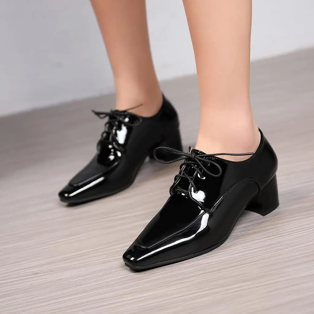 MIOKE Women's Square Toe Lace Up Pump Oxfords Vintage Chunky Block Mid Heel Brogues Comfy Office Dress Shoes