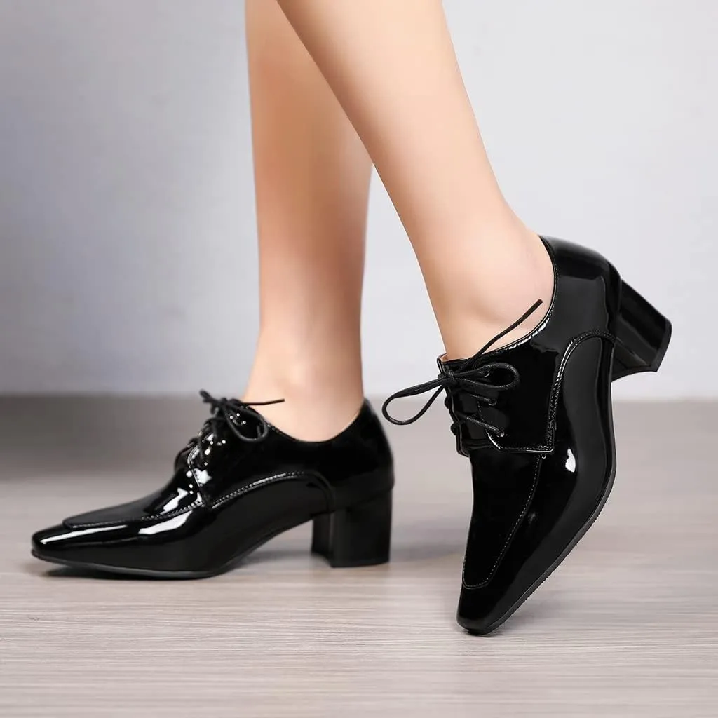 MIOKE Women's Square Toe Lace Up Pump Oxfords Vintage Chunky Block Mid Heel Brogues Comfy Office Dress Shoes