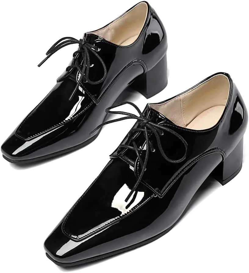 MIOKE Women's Square Toe Lace Up Pump Oxfords Vintage Chunky Block Mid Heel Brogues Comfy Office Dress Shoes