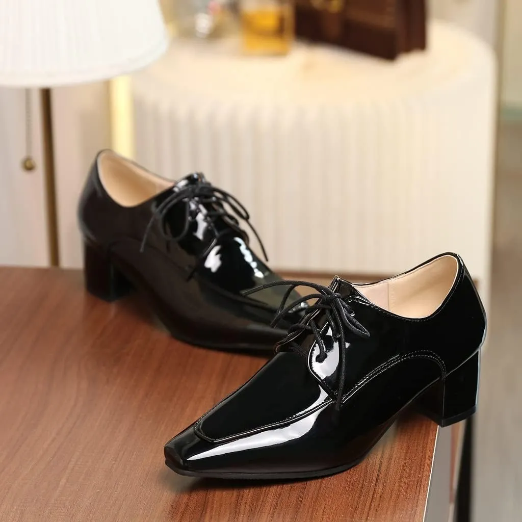 MIOKE Women's Square Toe Lace Up Pump Oxfords Vintage Chunky Block Mid Heel Brogues Comfy Office Dress Shoes