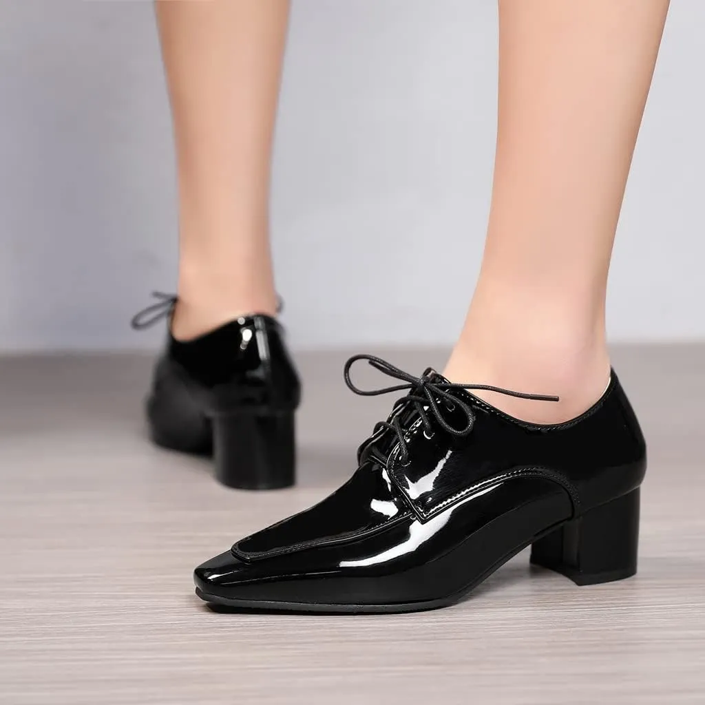 MIOKE Women's Square Toe Lace Up Pump Oxfords Vintage Chunky Block Mid Heel Brogues Comfy Office Dress Shoes