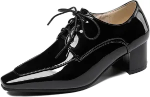 MIOKE Women's Square Toe Lace Up Pump Oxfords Vintage Chunky Block Mid Heel Brogues Comfy Office Dress Shoes