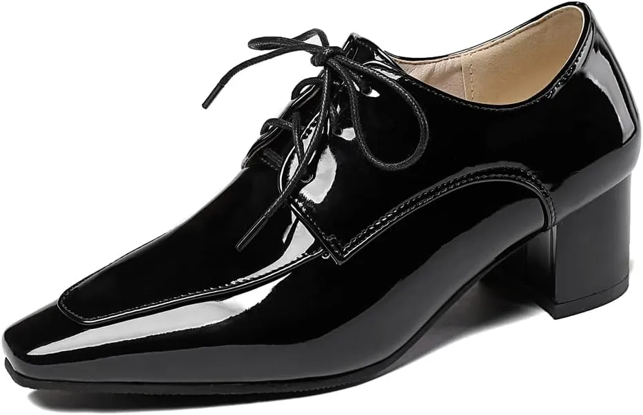 MIOKE Women's Square Toe Lace Up Pump Oxfords Vintage Chunky Block Mid Heel Brogues Comfy Office Dress Shoes