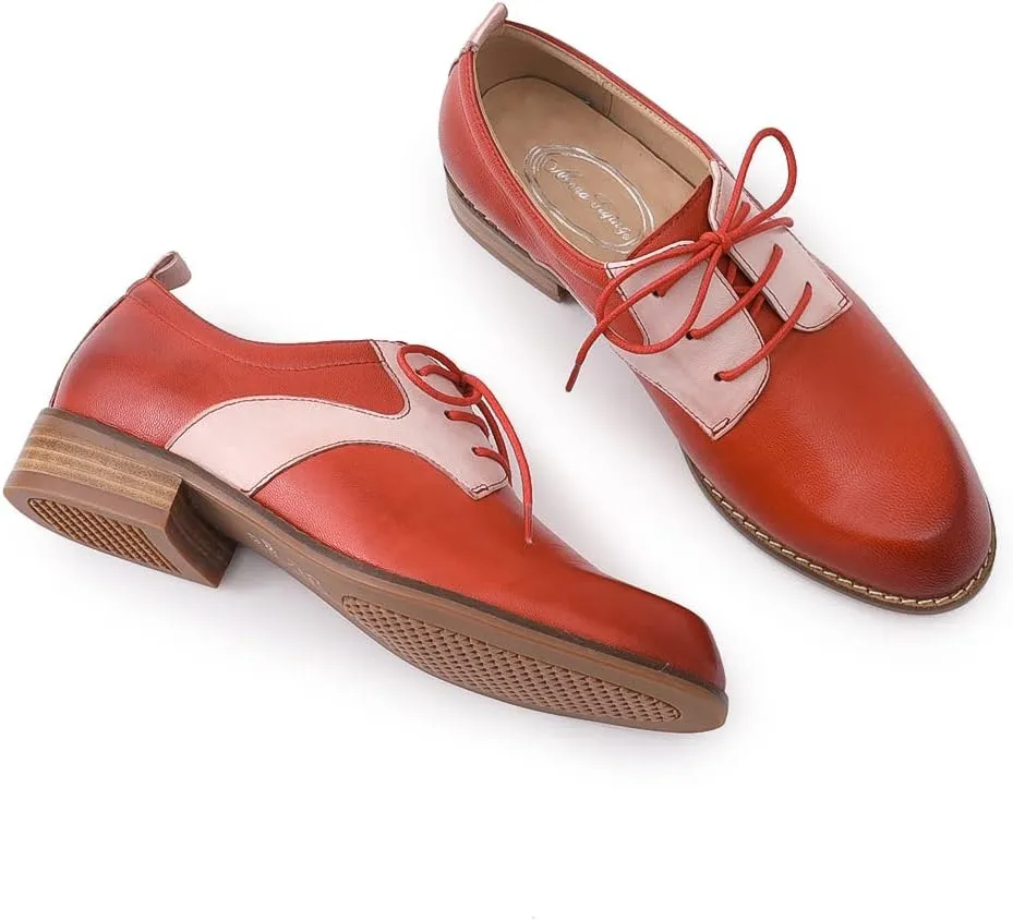 Mona flying Women's Handmade Two Tone Dress Oxfords Saddle Derby Comfy Lace up Leather Shoes for Ladies