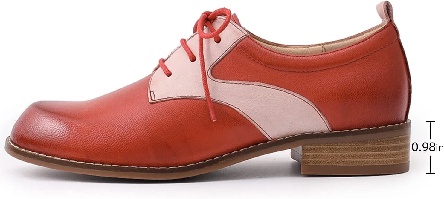 Mona flying Women's Handmade Two Tone Dress Oxfords Saddle Derby Comfy Lace up Leather Shoes for Ladies