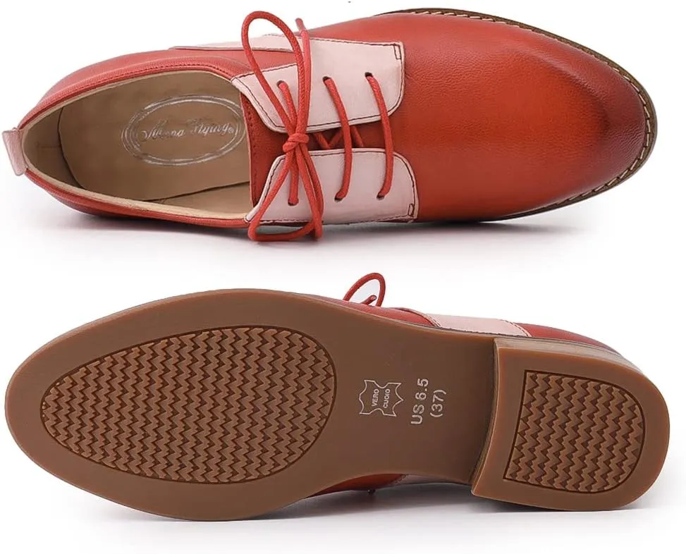 Mona flying Women's Handmade Two Tone Dress Oxfords Saddle Derby Comfy Lace up Leather Shoes for Ladies