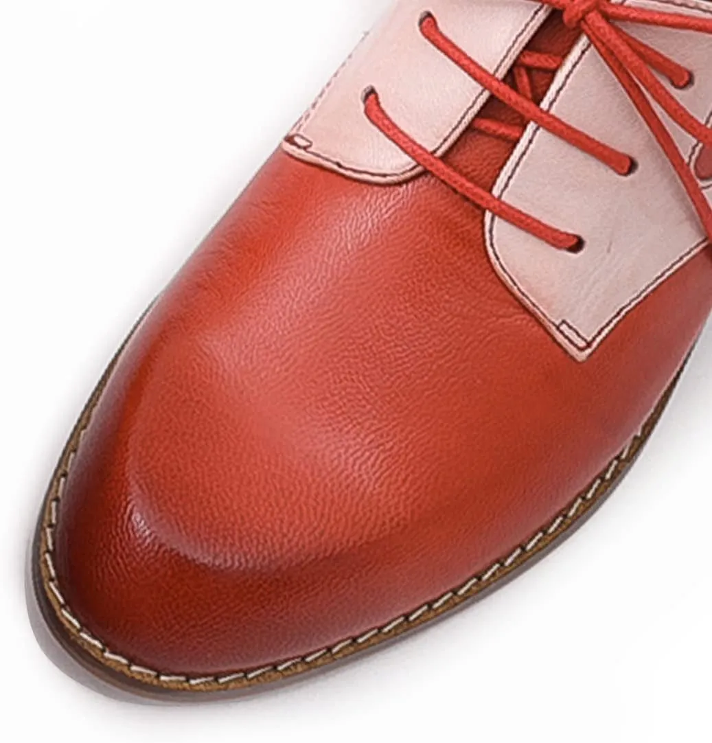 Mona flying Women's Handmade Two Tone Dress Oxfords Saddle Derby Comfy Lace up Leather Shoes for Ladies