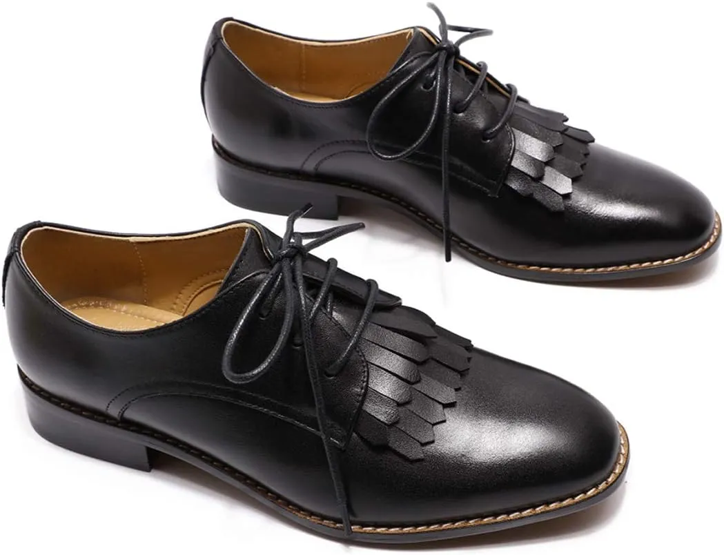 Mona flying Women's Tassel Oxfords Derby Comfortable Lace up Leather Flat Office Work Shoes for Ladies