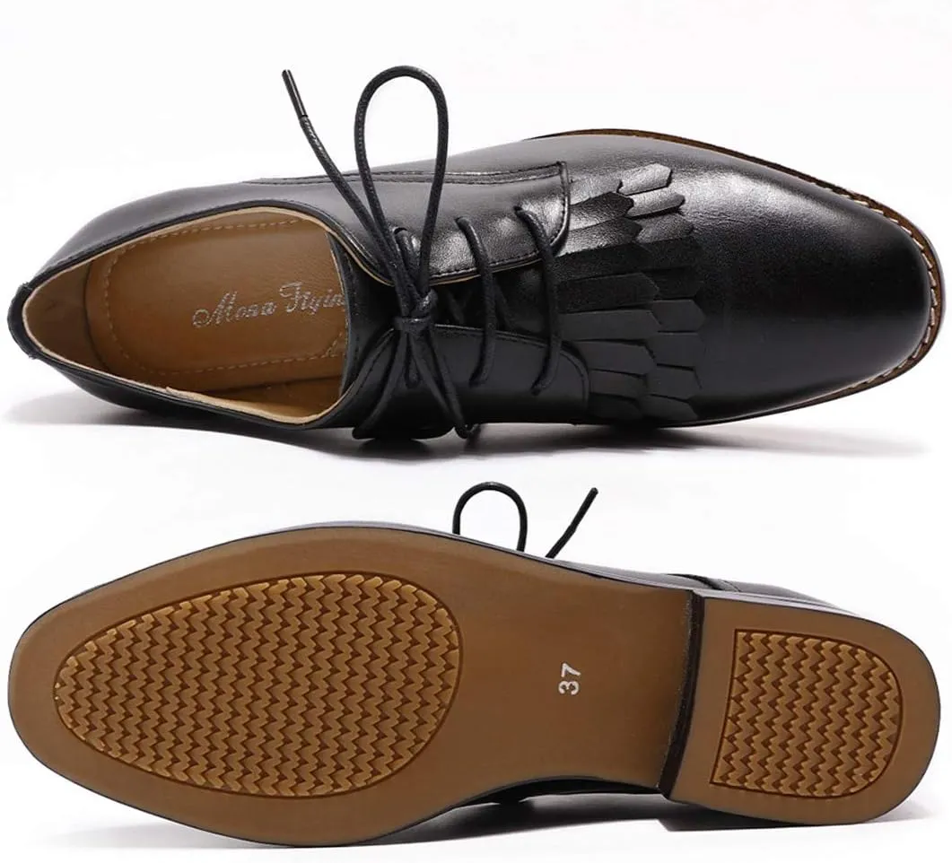 Mona flying Women's Tassel Oxfords Derby Comfortable Lace up Leather Flat Office Work Shoes for Ladies