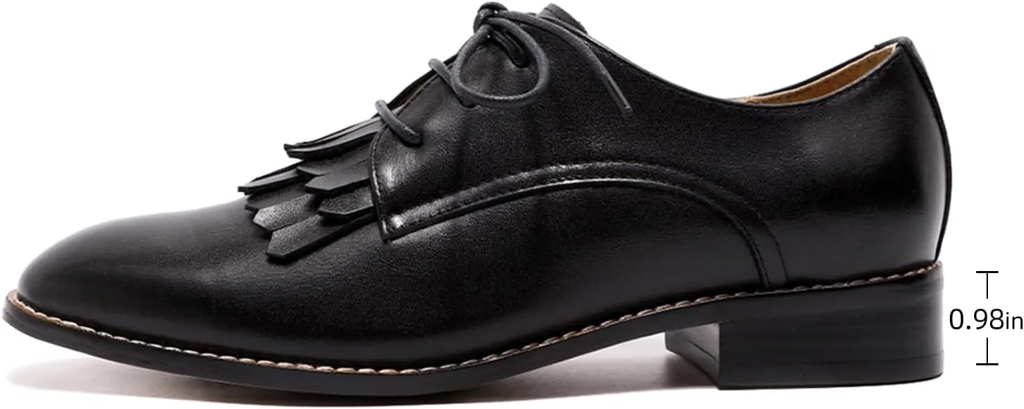 Mona flying Women's Tassel Oxfords Derby Comfortable Lace up Leather Flat Office Work Shoes for Ladies