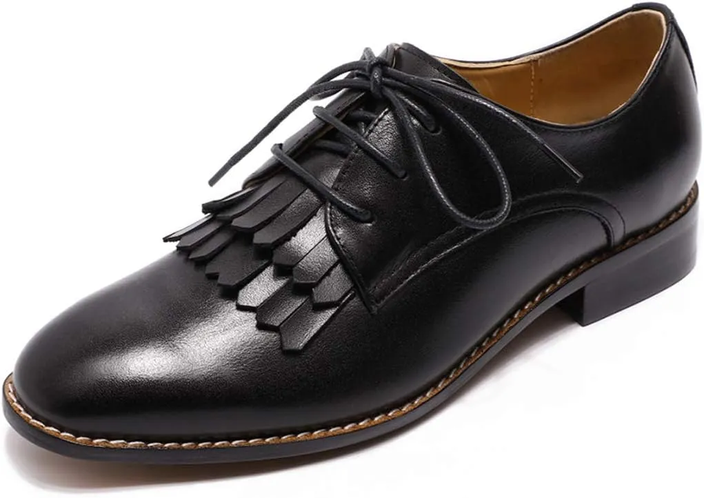 Mona flying Women's Tassel Oxfords Derby Comfortable Lace up Leather Flat Office Work Shoes for Ladies