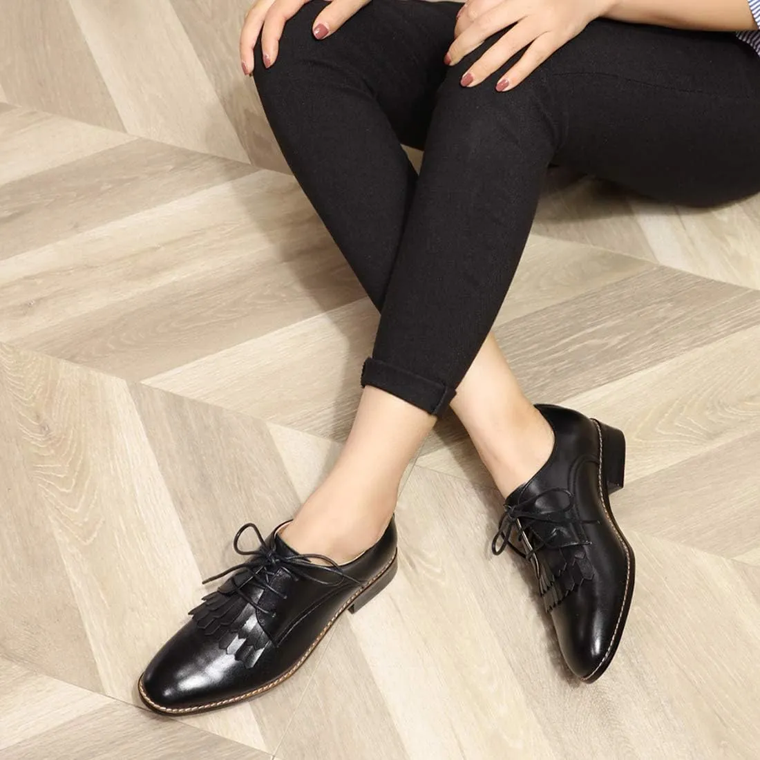 Mona flying Women's Tassel Oxfords Derby Comfortable Lace up Leather Flat Office Work Shoes for Ladies