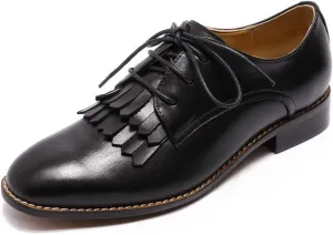 Mona flying Women's Tassel Oxfords Derby Comfortable Lace up Leather Flat Office Work Shoes for Ladies