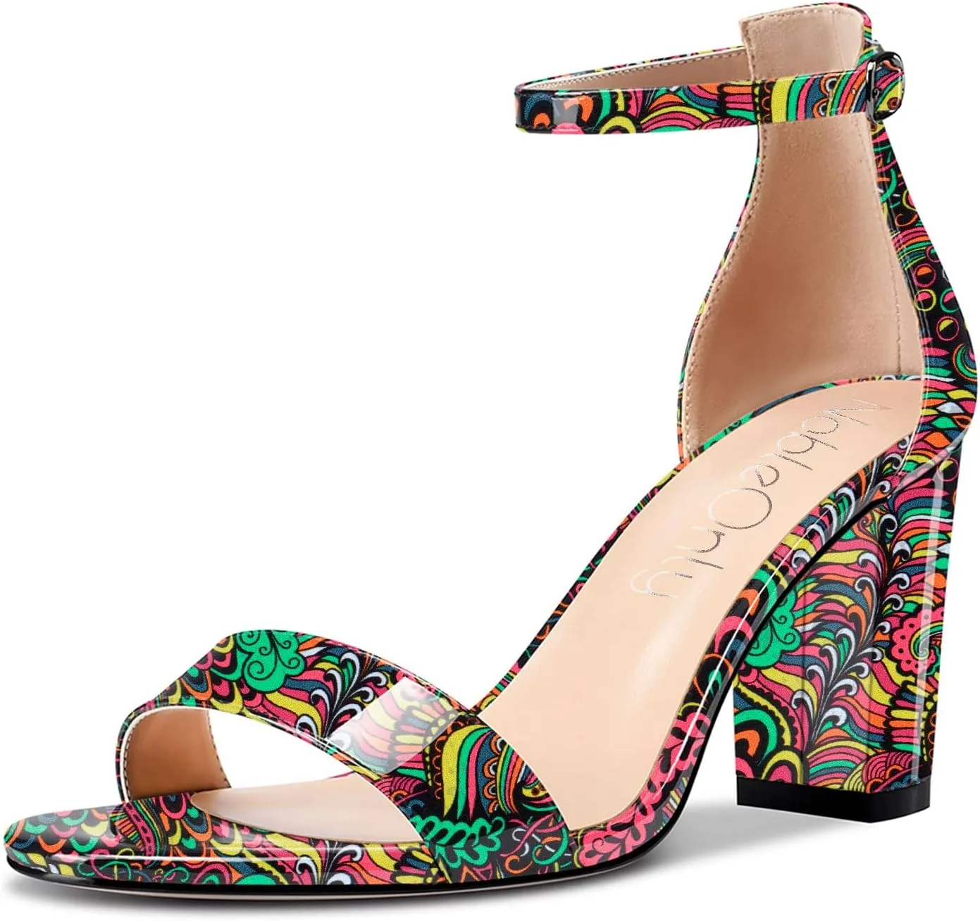 NobleOnly Women Chunky Block High Heels Peep Open Toe Sandals Ankle Strap Cute Dress Wedding Clear Shoes 3 Inches Heel