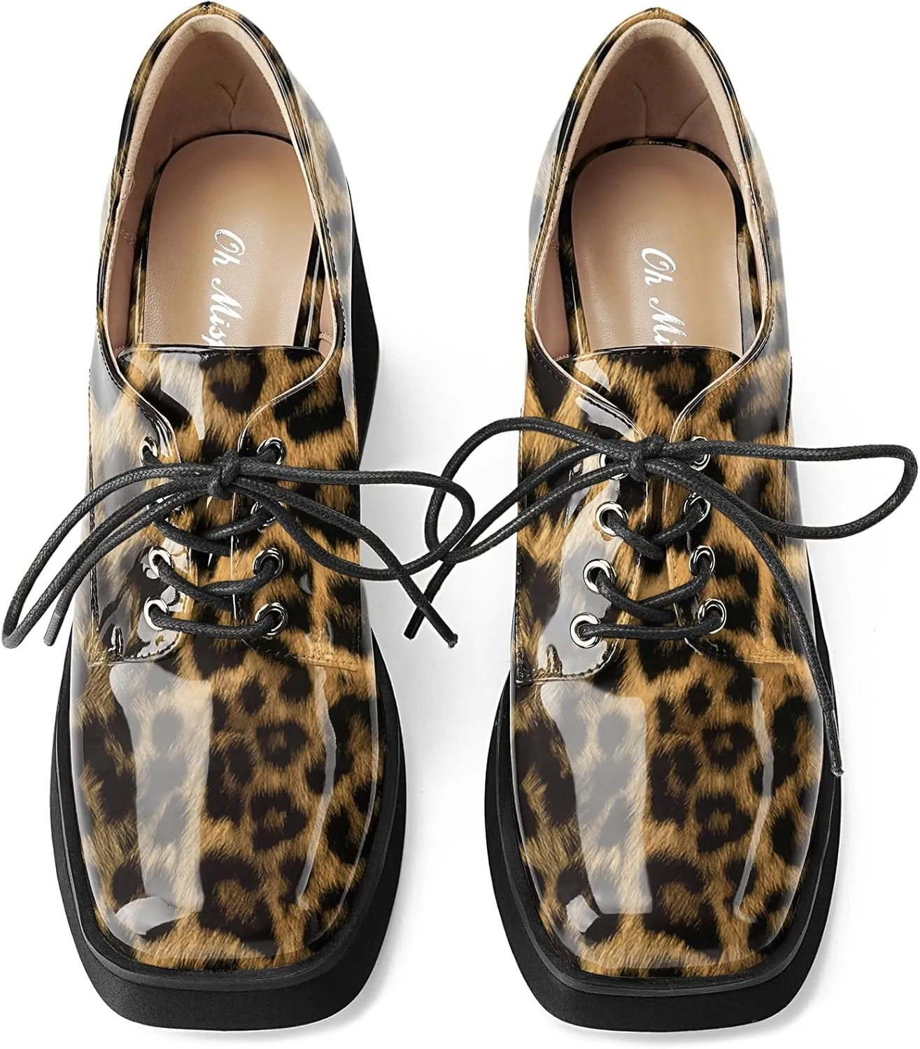 Oh Mispares Women's Chunky Heeled Oxfords Square Toe Platform Oxford Shoes for Women Lace-up Patent Leather Shoes Comfortable Business Dress Pump Shoes for Work