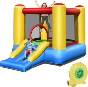 OLAKIDS Inflatable Bounce House, Jumping Castle with Slide, Bouncing Area, Basketball Rim, Indoor Outdoor Bouncy House, Polyester Mesh, Accessories with Carrying Bag, Repairing Kit, Blower