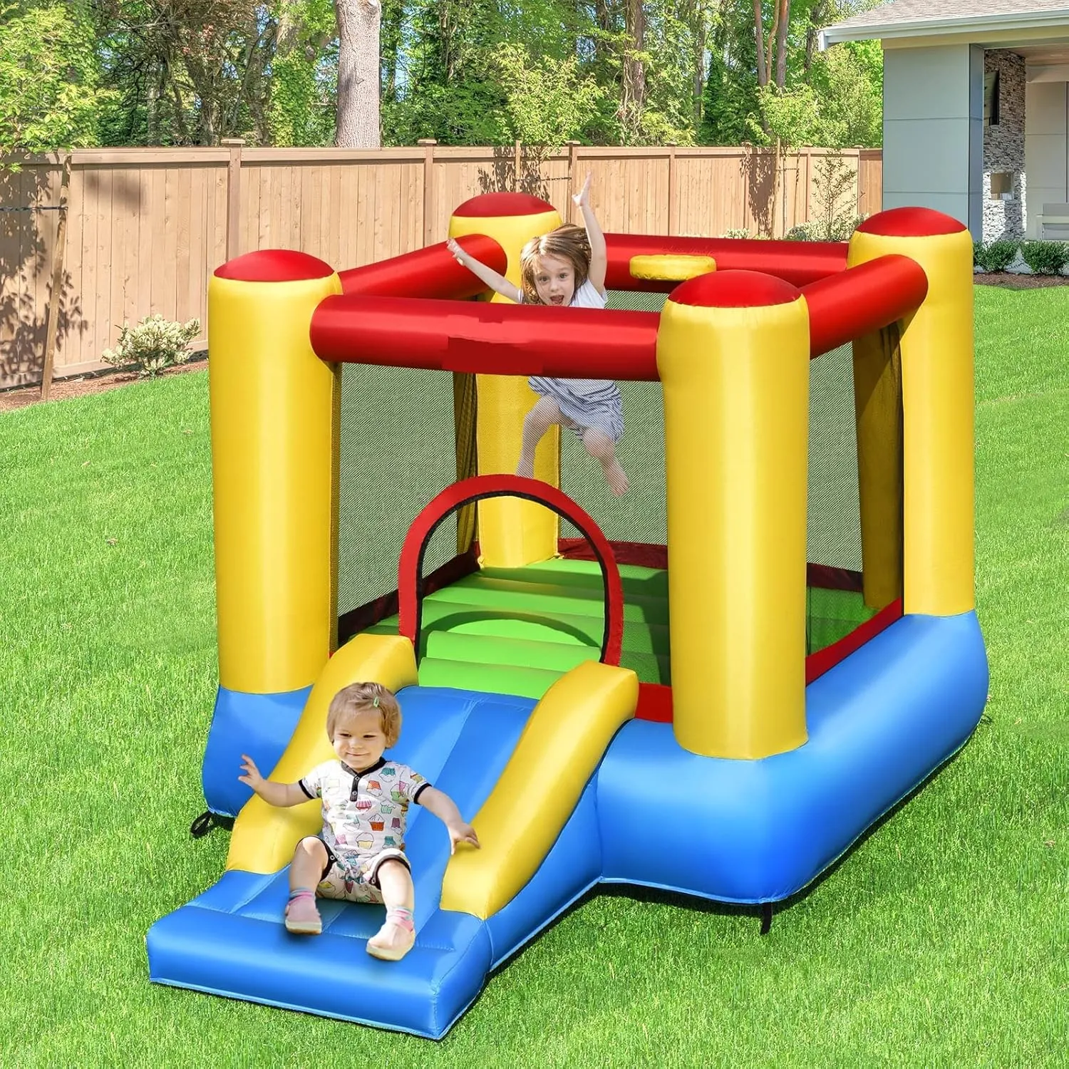 OLAKIDS Inflatable Bounce House, Jumping Castle with Slide, Bouncing Area, Basketball Rim, Indoor Outdoor Bouncy House, Polyester Mesh, Accessories with Carrying Bag, Repairing Kit, Blower