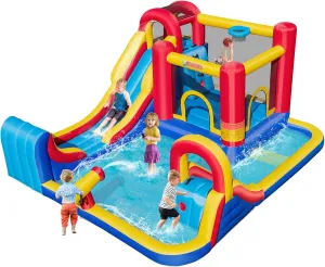 OLAKIDS Inflatable Water Slide, 8 in 1 Bounce House Water Park with 2 Slides Splash Pools, Climbing Wall, Water Gun, Basketball Rim, Outdoor Inflatable Obstacle Course for Kids Backyard