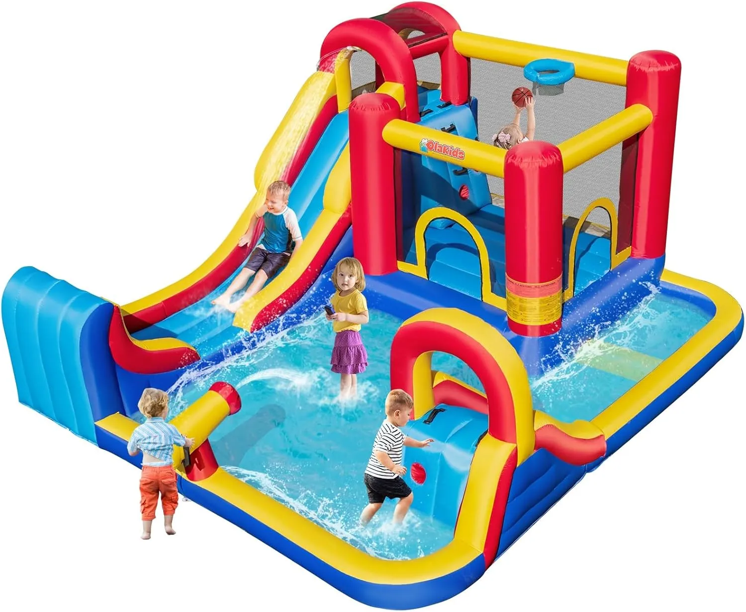 OLAKIDS Inflatable Water Slide, 8 in 1 Bounce House Water Park with 2 Slides Splash Pools, Climbing Wall, Water Gun, Basketball Rim, Outdoor Inflatable Obstacle Course for Kids Backyard