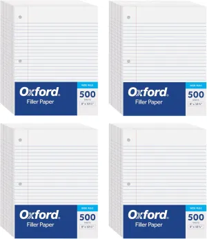 Oxford Loose Leaf Paper, Filler Paper, Notebook Paper, 8" x 10-1/2", Wide Rule, 3-Hole Punched, 2,000 Sheets for 3 Ring Binders, 4 Packs of 500, White (62379)