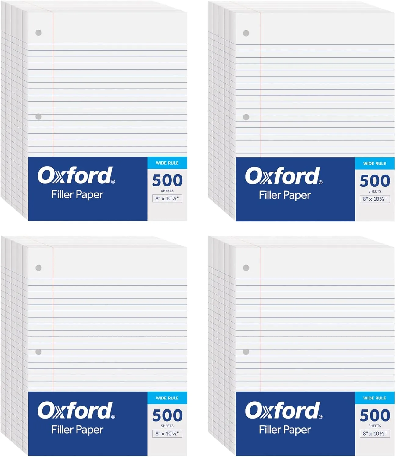 Oxford Loose Leaf Paper, Filler Paper, Notebook Paper, 8" x 10-1/2", Wide Rule, 3-Hole Punched, 2,000 Sheets for 3 Ring Binders, 4 Packs of 500, White (62379)