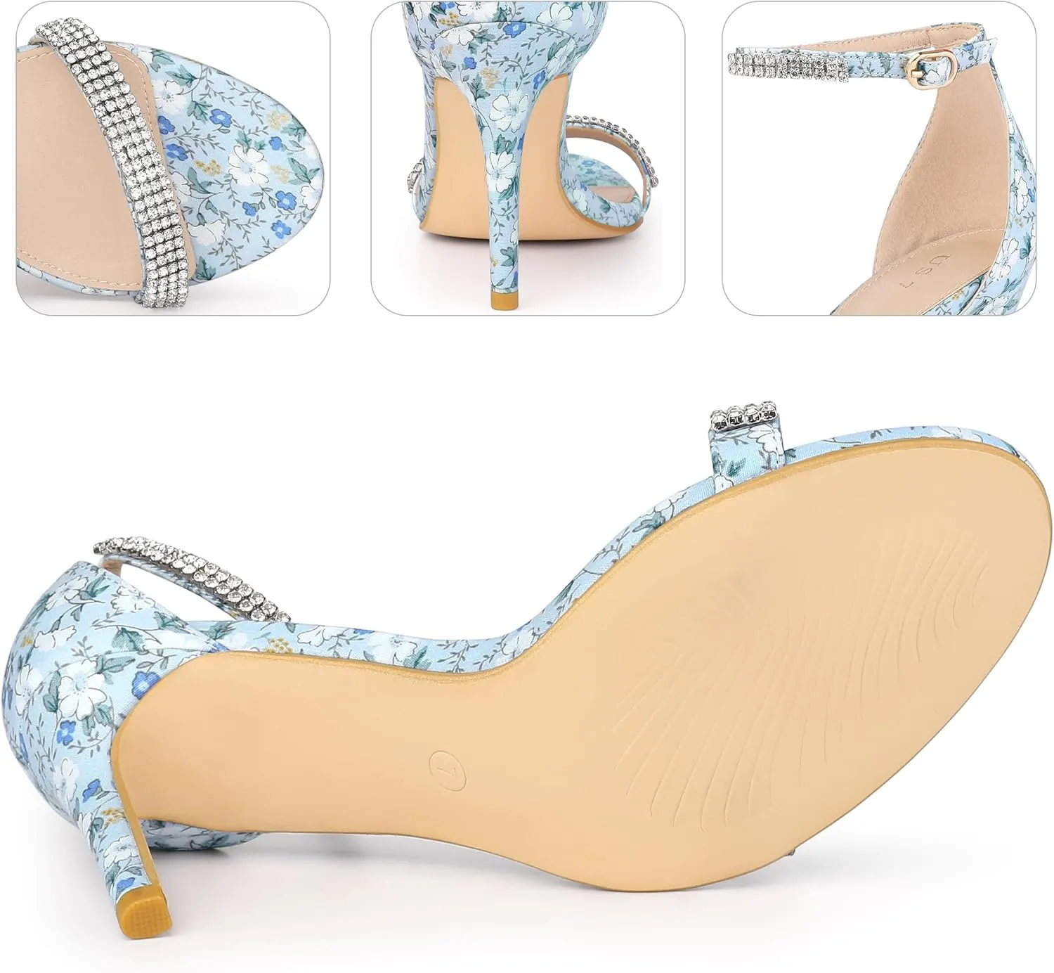 Perphy Rhinestone Strap Floral Print Stiletto Heels Sandals for Women