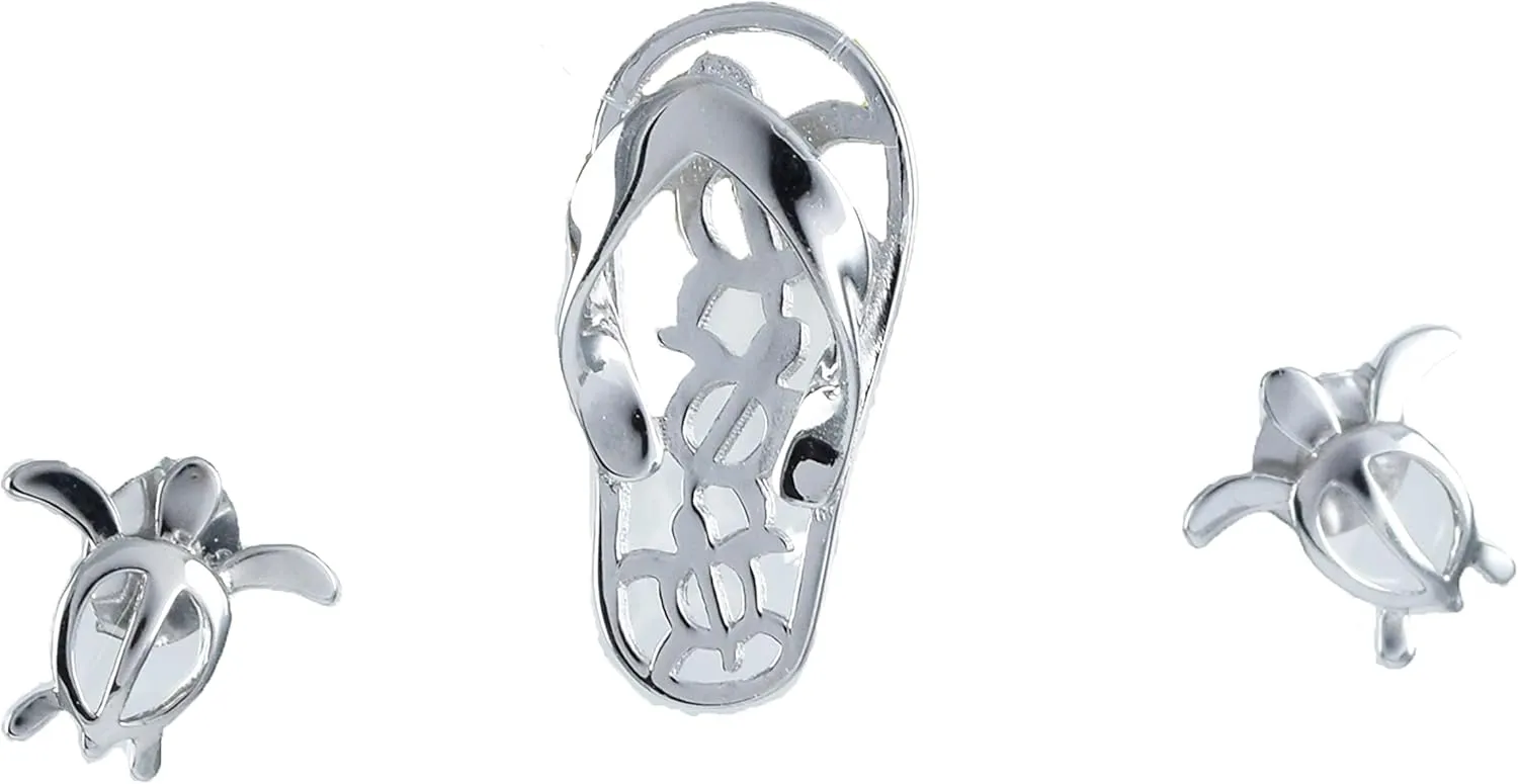 Pretty Hawaiian Sea Turtle Slipper Necklace and Earring, Sterling Silver Sea Turtle Sandal Flip-Flop Charm Pendant, N6139SA