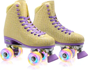 Roller Skates for Women Girls and Kids, Light Up Wheels - Quad Outdoor PU Leather High-Top Design Derby Rollerskates for Beginners Youth Sizes 2 3 4 5 6 7 8 9 10 11