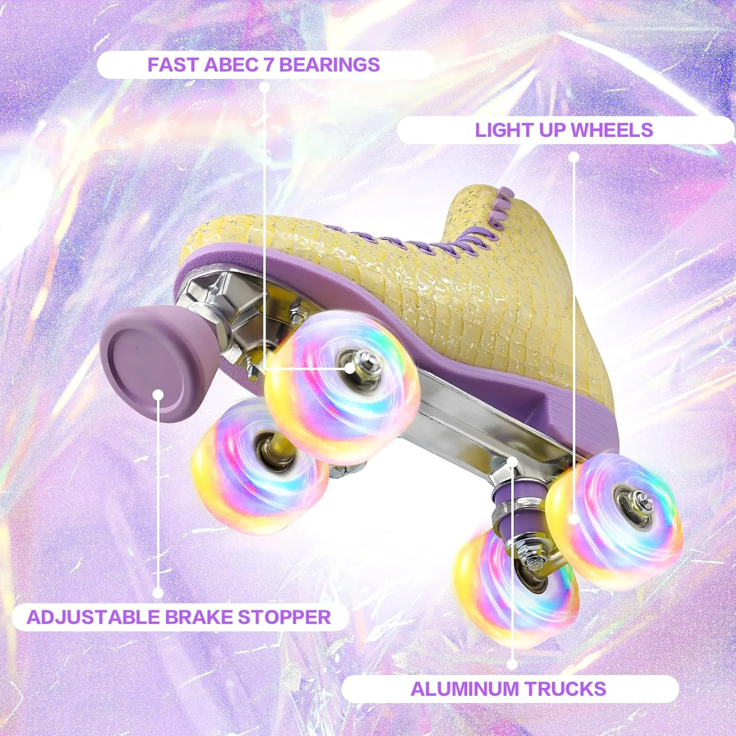 Roller Skates for Women Girls and Kids, Light Up Wheels - Quad Outdoor PU Leather High-Top Design Derby Rollerskates for Beginners Youth Sizes 2 3 4 5 6 7 8 9 10 11