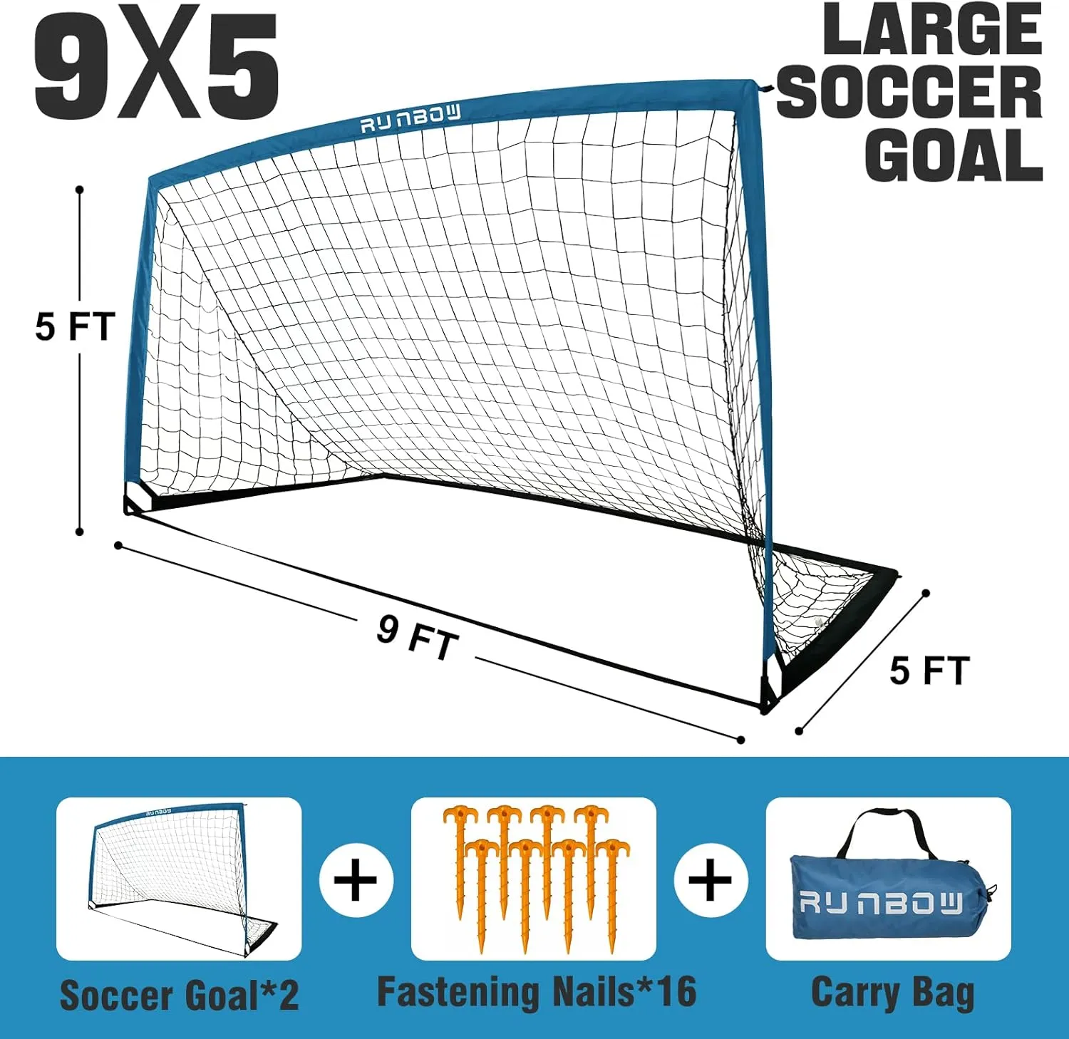 RUNBOW 9x5 ft Portable Kids Soccer Goal for Backyard Adult Junior Large Practice Soccer Net with Carry Bag