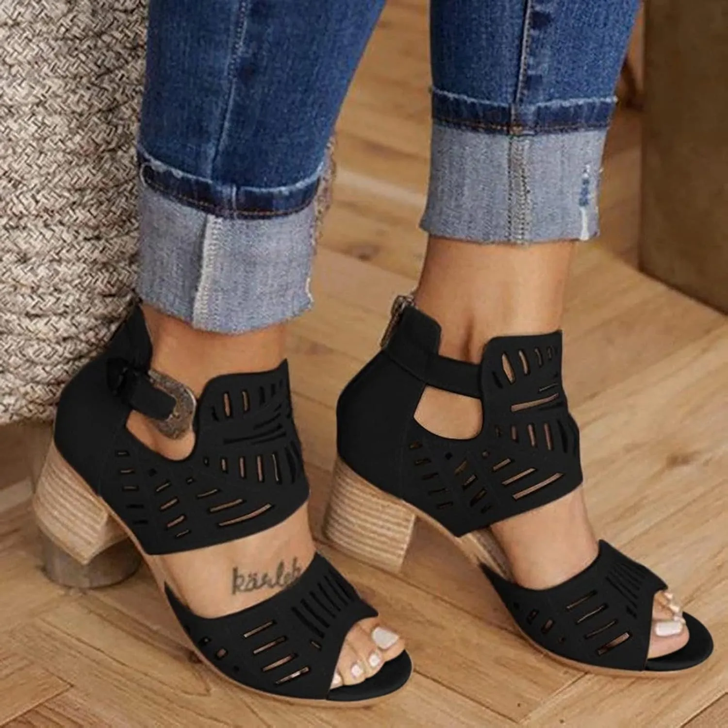 Sandalias para Mujer, Sandals for Women Suede Peep Toe Ankle Booties Cut Out Stacked Heel Ankle Boots