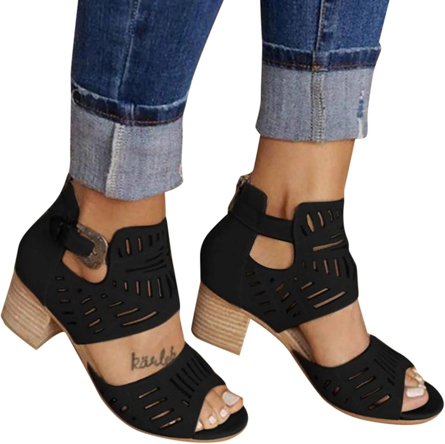 Sandalias para Mujer, Sandals for Women Suede Peep Toe Ankle Booties Cut Out Stacked Heel Ankle Boots