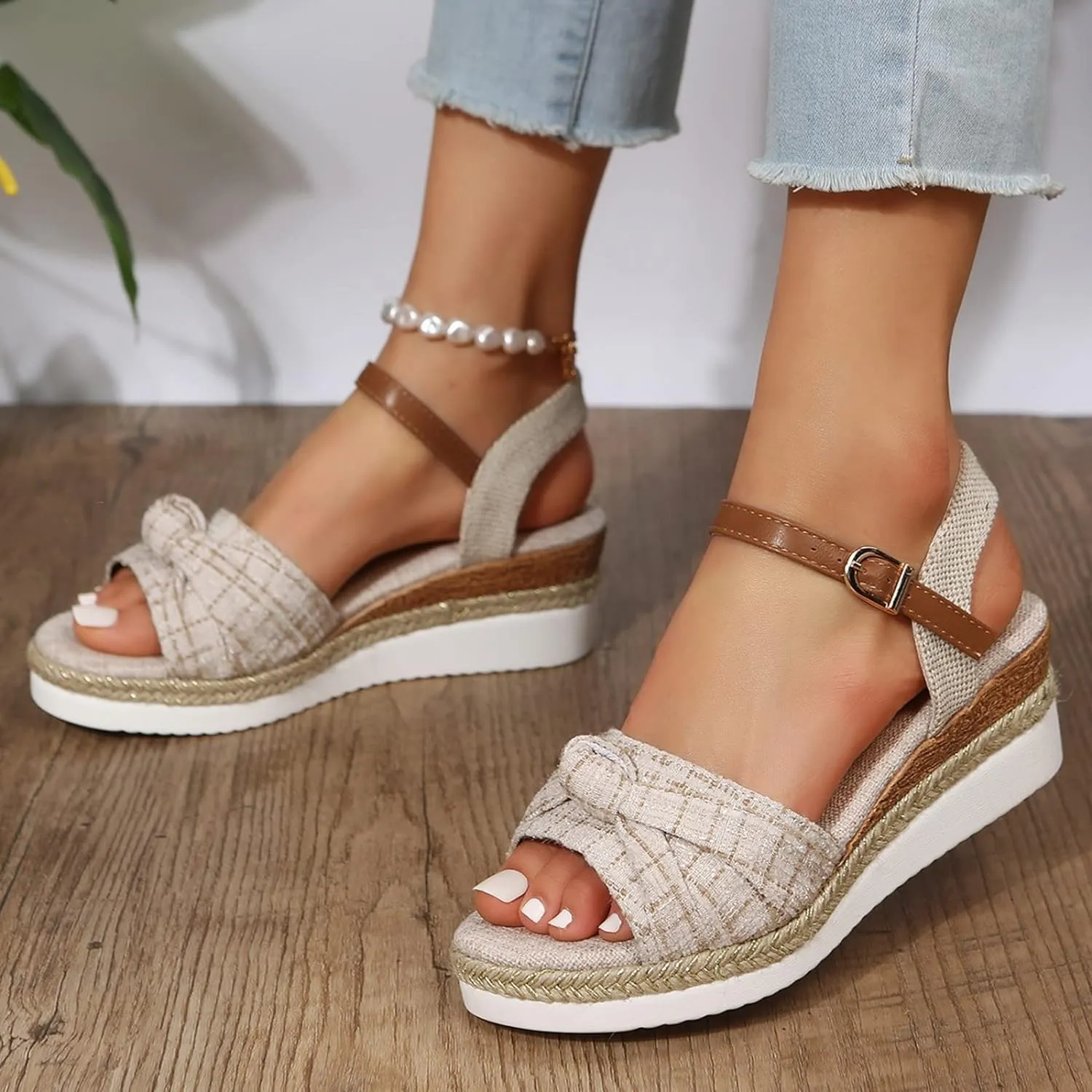 Sandals For Women 2025 Cute Bow Knot Espadrille Sandal Open Toe Ankle Buckle Low Wedges Heels Wedge Pumps Shoes