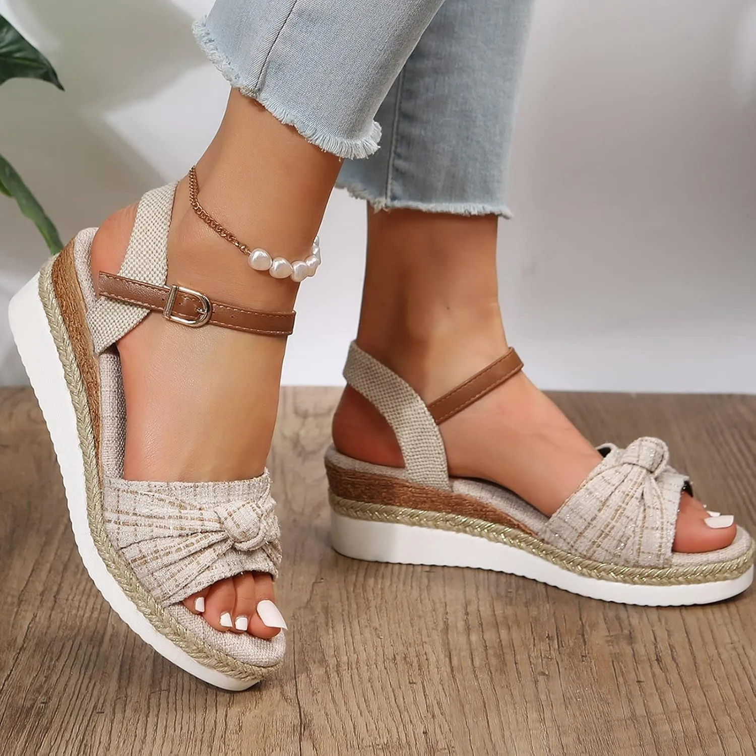 Sandals For Women 2025 Cute Bow Knot Espadrille Sandal Open Toe Ankle Buckle Low Wedges Heels Wedge Pumps Shoes