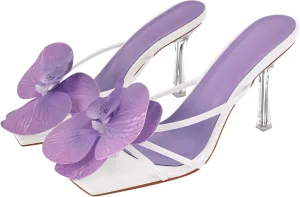 sexytag Clear Kitten Heels Floral Print Thong Sandals Slip On Flower Stiletto Heels Open Toe Mules