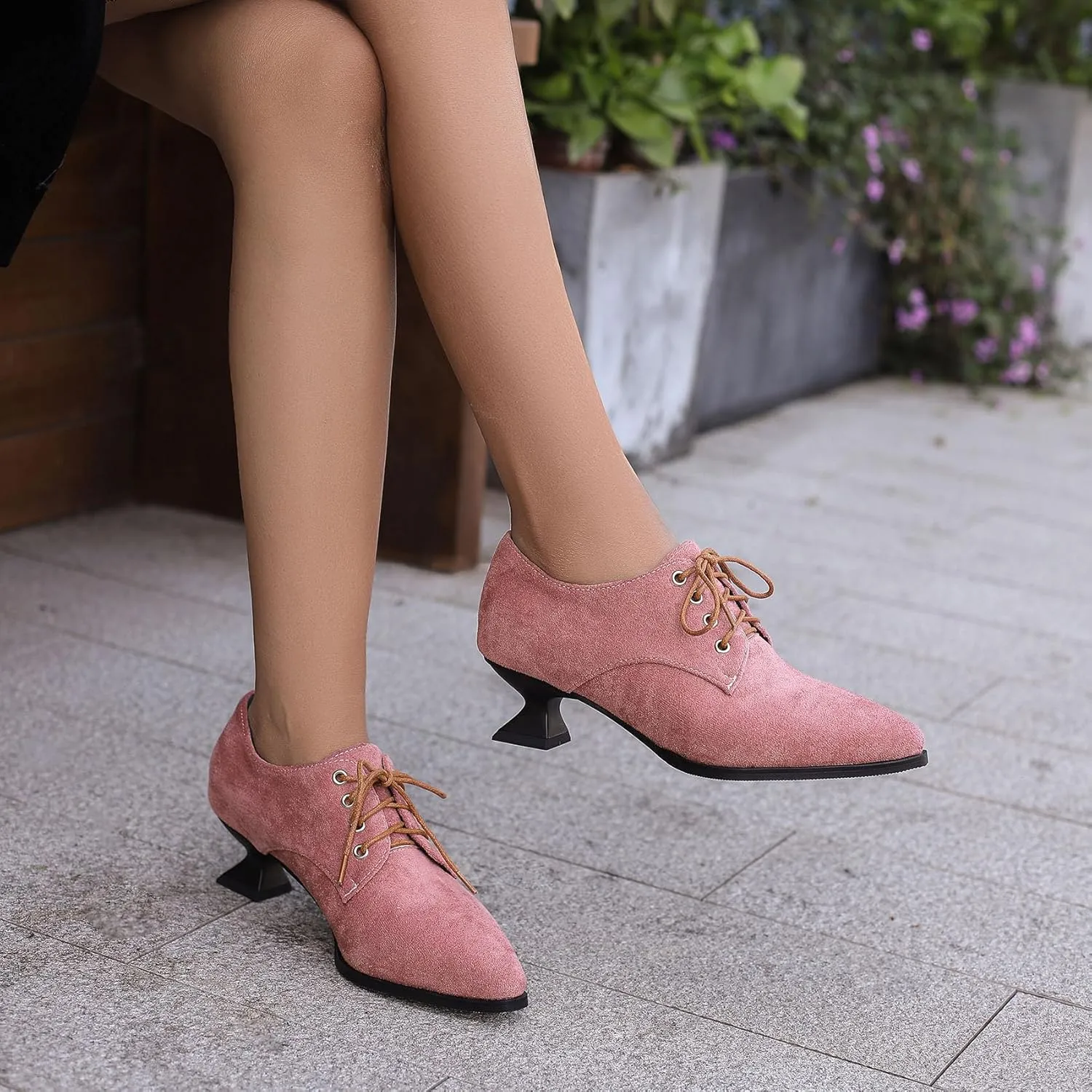 SHEMEE Women's Kitten Heels Oxford Pumps Victorian Style Vintage Mid-Heels Lace Up Brogues Witch Costume Cosplay Shoes