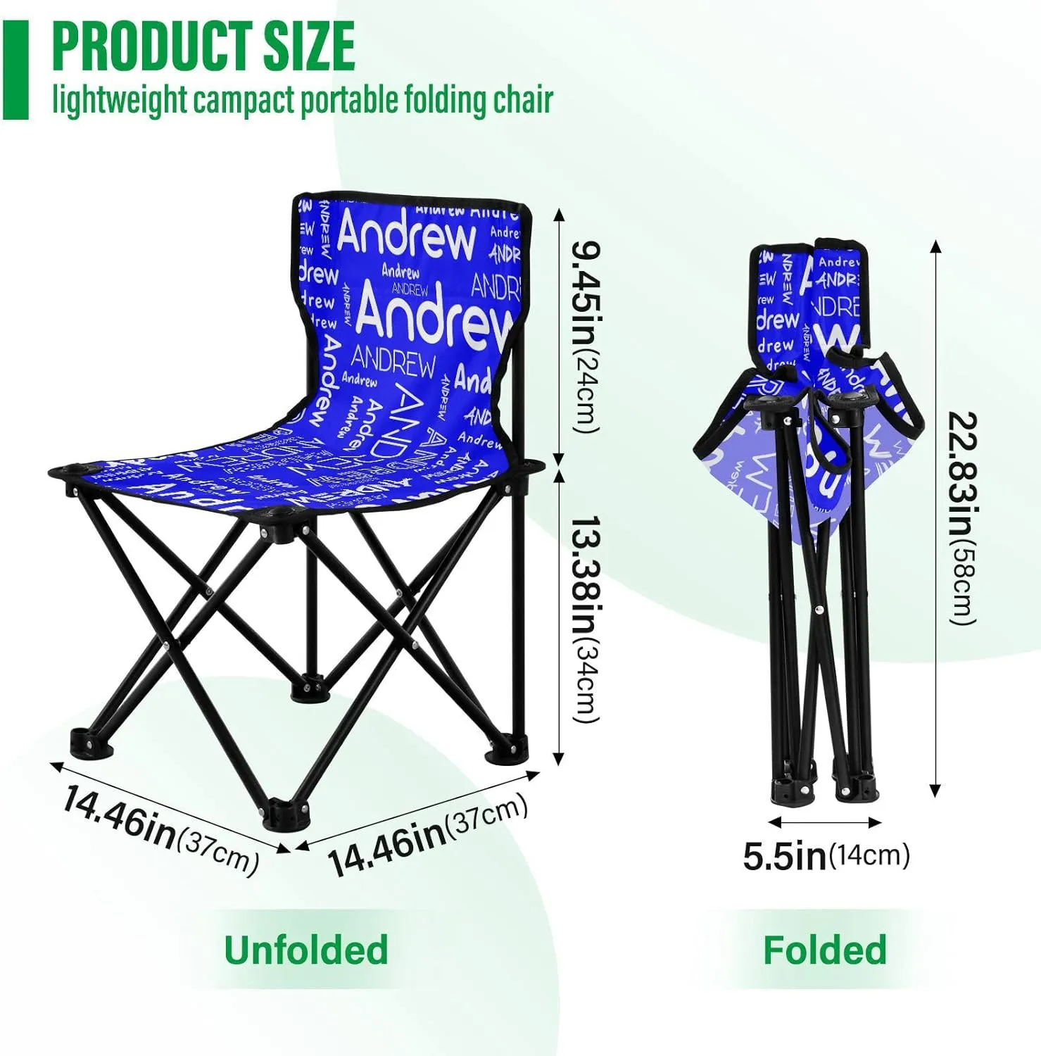 Sinestour Blue Custom Folding Camping Chair for Teen Child Personalized Name 14.6×14.6in Portable Outdoor Chair with Carry Bag for Barbeques Picnic Lawn
