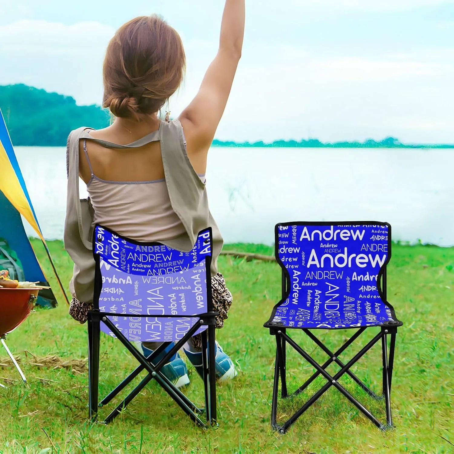 Sinestour Blue Custom Folding Camping Chair for Teen Child Personalized Name 14.6×14.6in Portable Outdoor Chair with Carry Bag for Barbeques Picnic Lawn