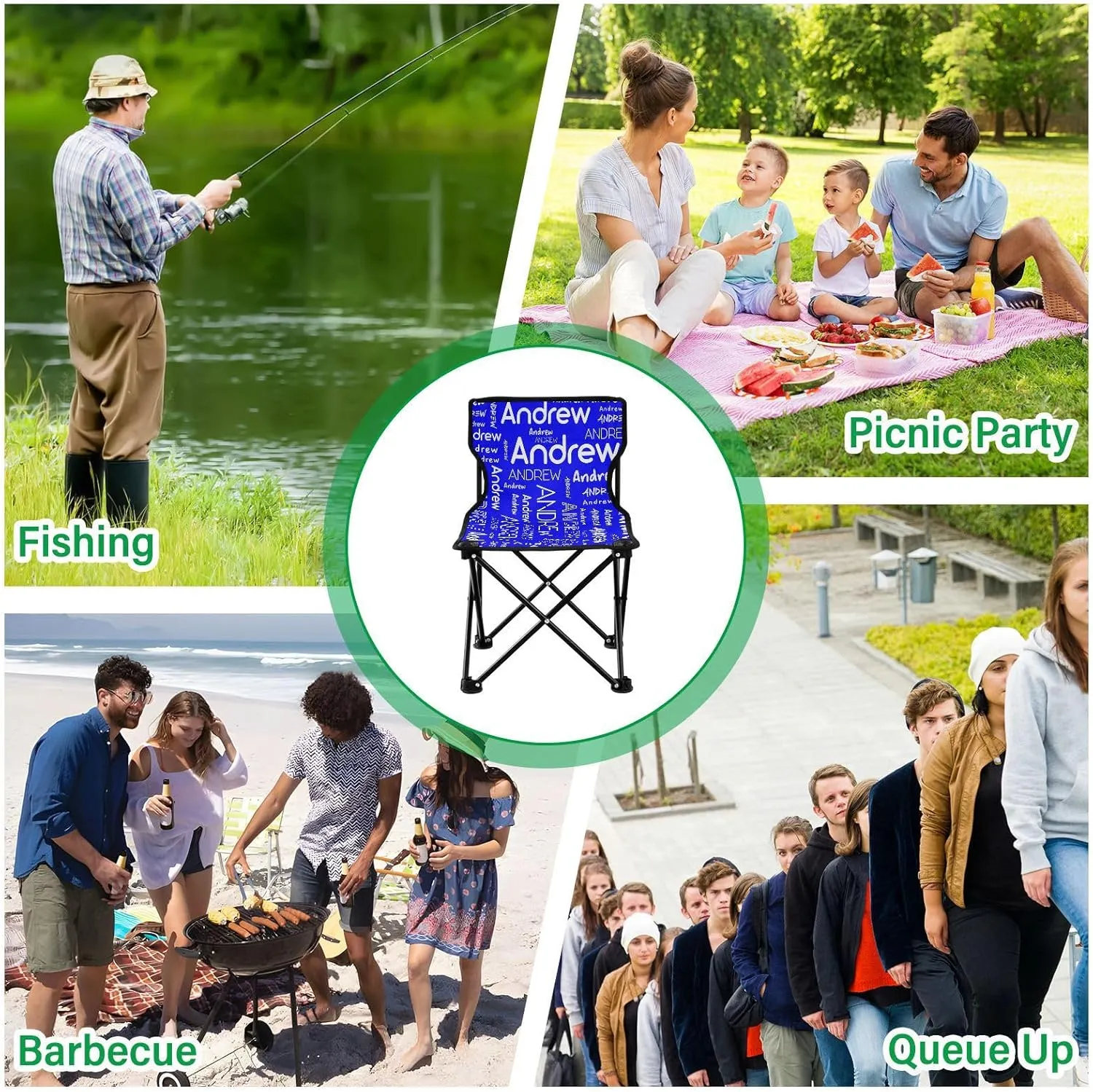 Sinestour Blue Custom Folding Camping Chair for Teen Child Personalized Name 14.6×14.6in Portable Outdoor Chair with Carry Bag for Barbeques Picnic Lawn