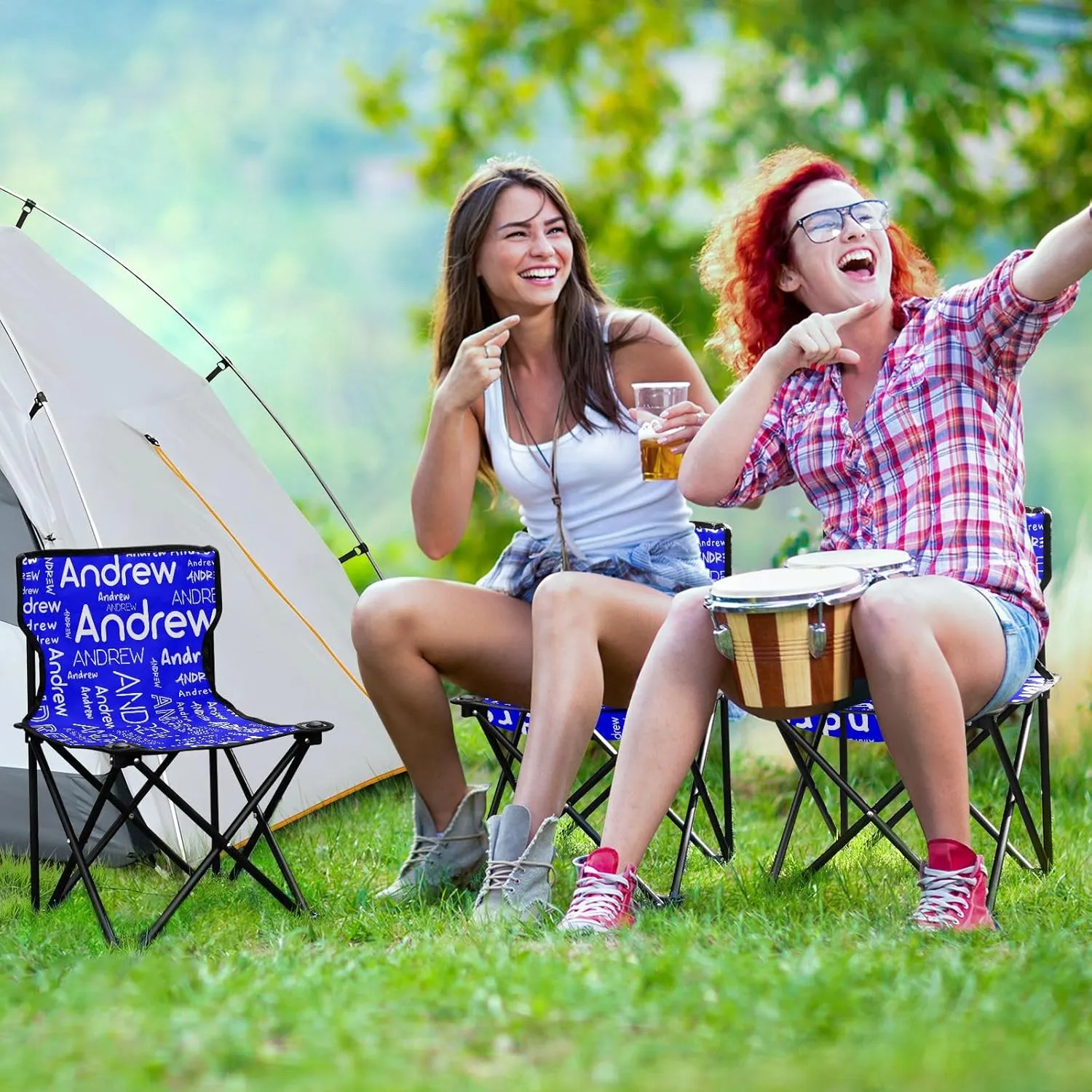 Sinestour Blue Custom Folding Camping Chair for Teen Child Personalized Name 14.6×14.6in Portable Outdoor Chair with Carry Bag for Barbeques Picnic Lawn