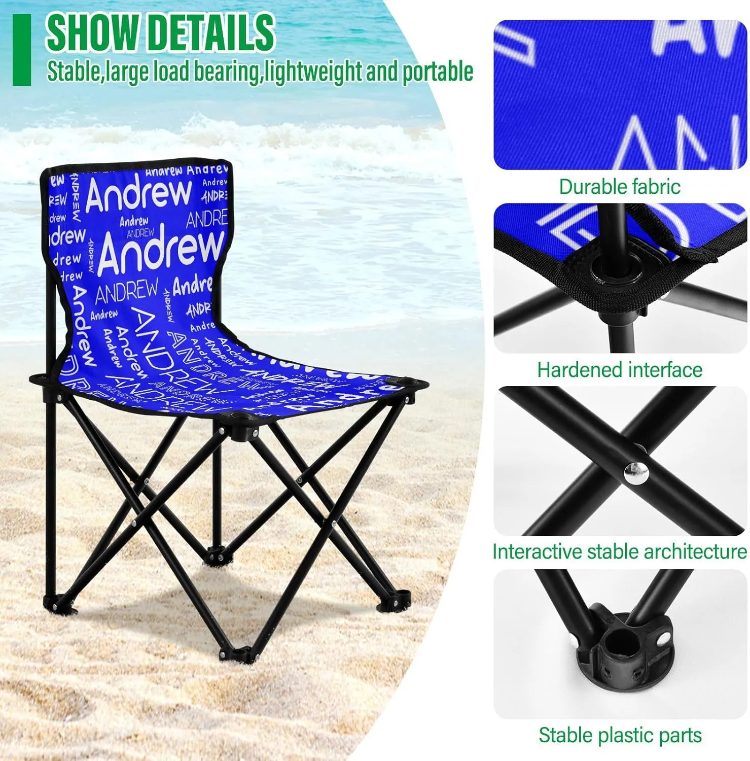 Sinestour Blue Custom Folding Camping Chair for Teen Child Personalized Name 14.6×14.6in Portable Outdoor Chair with Carry Bag for Barbeques Picnic Lawn