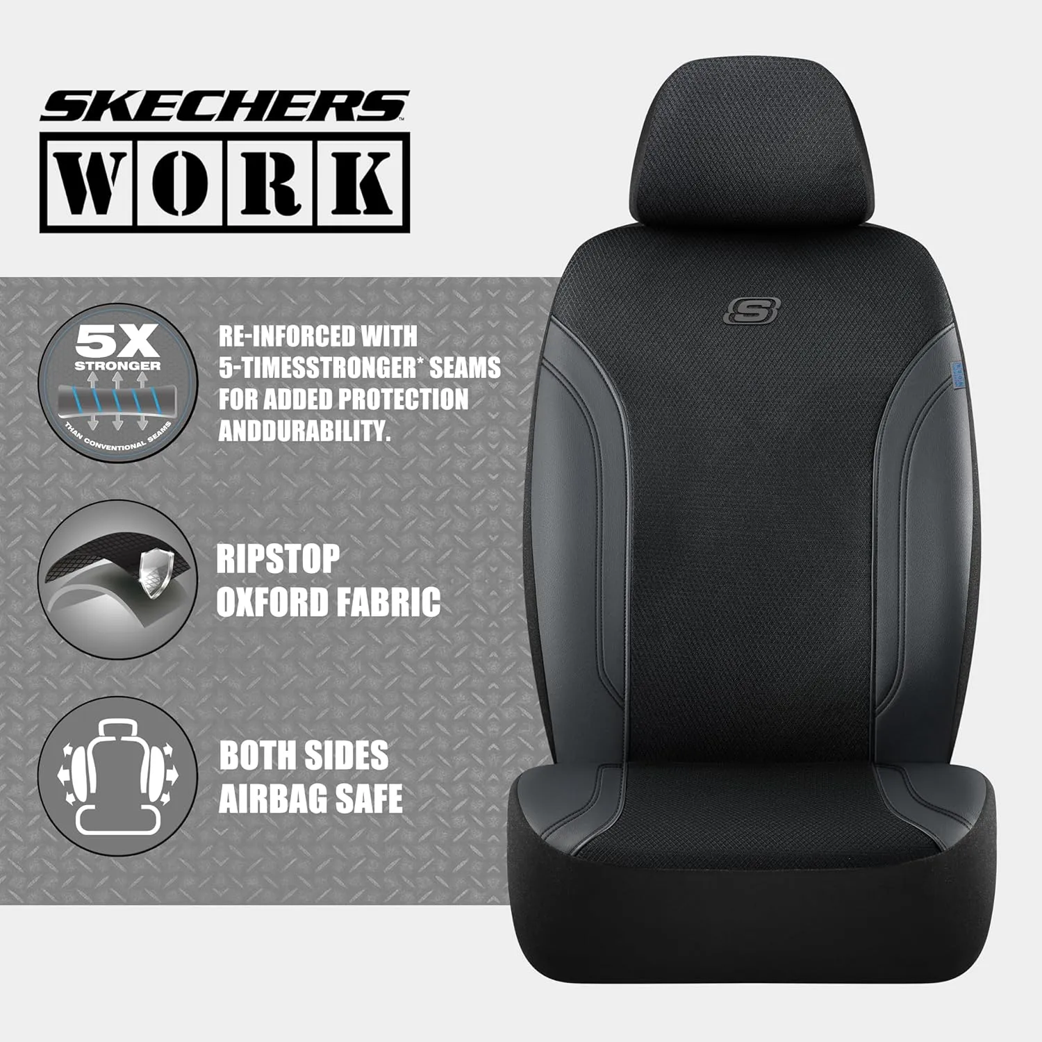 Skechers Work Car Seat Covers, Leather Seat Covers 5-Times Stronger Built-in Webbing, Oxford Fabric Seat Cover for Cars, Airbag Compatible, Automotive Comfort for Cars, Trucks, SUVs (Black, Full Set)