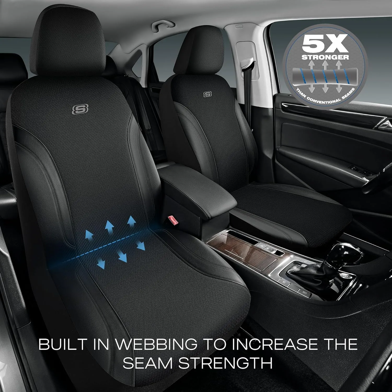 Skechers Work Car Seat Covers, Leather Seat Covers 5-Times Stronger Built-in Webbing, Oxford Fabric Seat Cover for Cars, Airbag Compatible, Automotive Comfort for Cars, Trucks, SUVs (Black, Full Set)