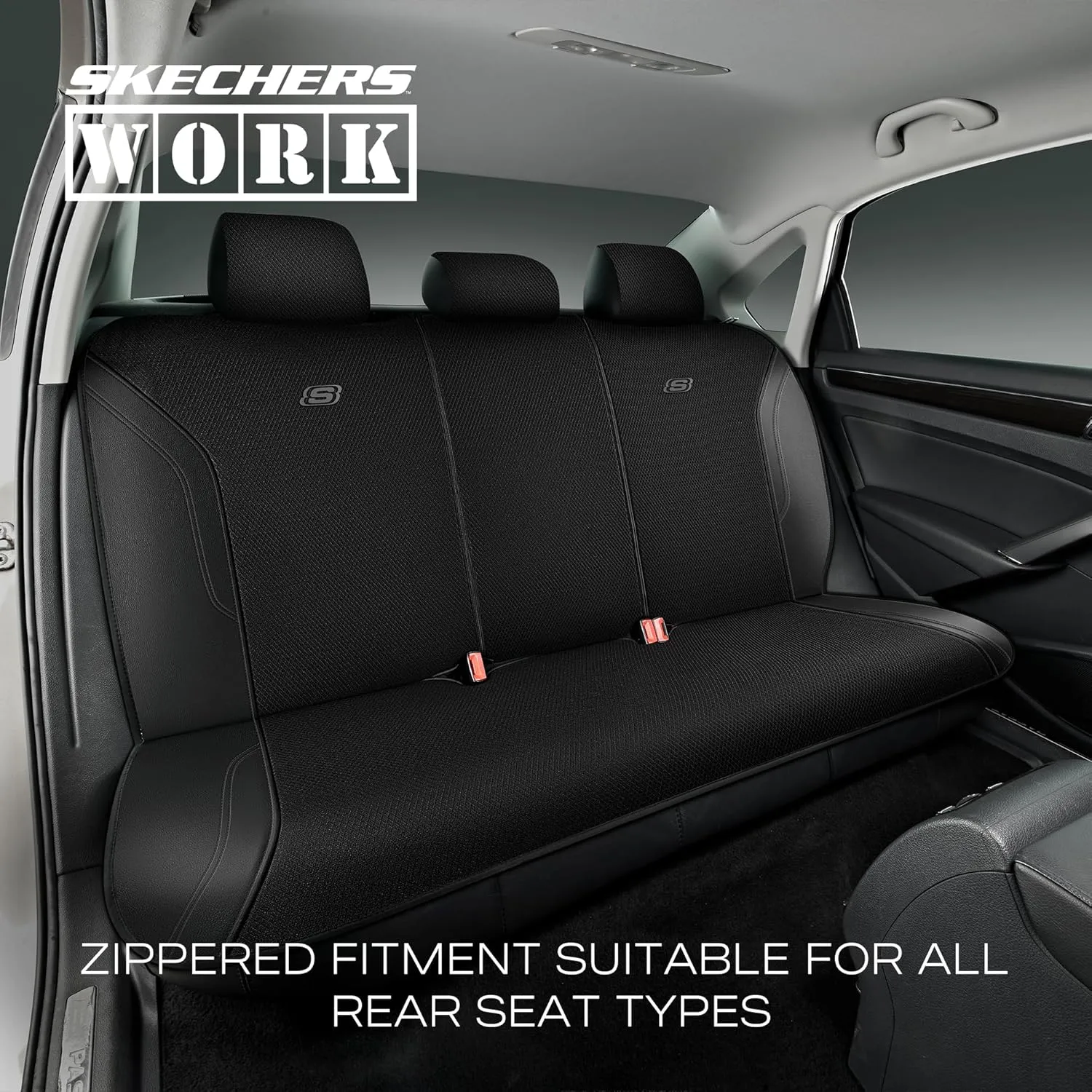 Skechers Work Car Seat Covers, Leather Seat Covers 5-Times Stronger Built-in Webbing, Oxford Fabric Seat Cover for Cars, Airbag Compatible, Automotive Comfort for Cars, Trucks, SUVs (Black, Full Set)