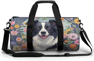 Sport Gym Duffle Travel Bag for Women Men Overnight Weekender Bag with Shoe Compartment,Wet Pocket Border Collie Florals
