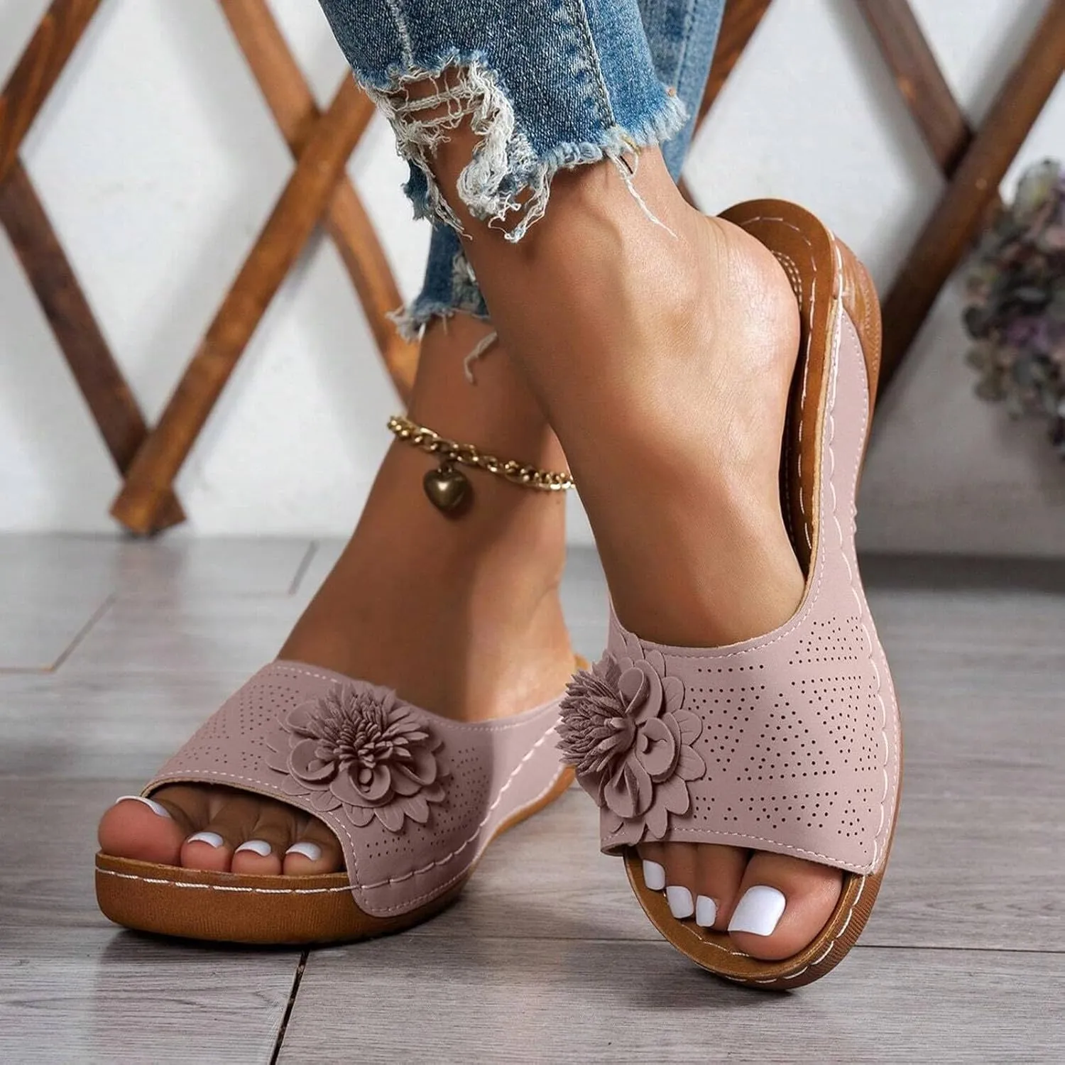 Summer Sandals for Women 2025 Low Wedge Sandal Retro Bohemian Suede Leather Floral Breathable Slip On Orthopedic Arch Support Slide Sandals Vacation Party Shoes