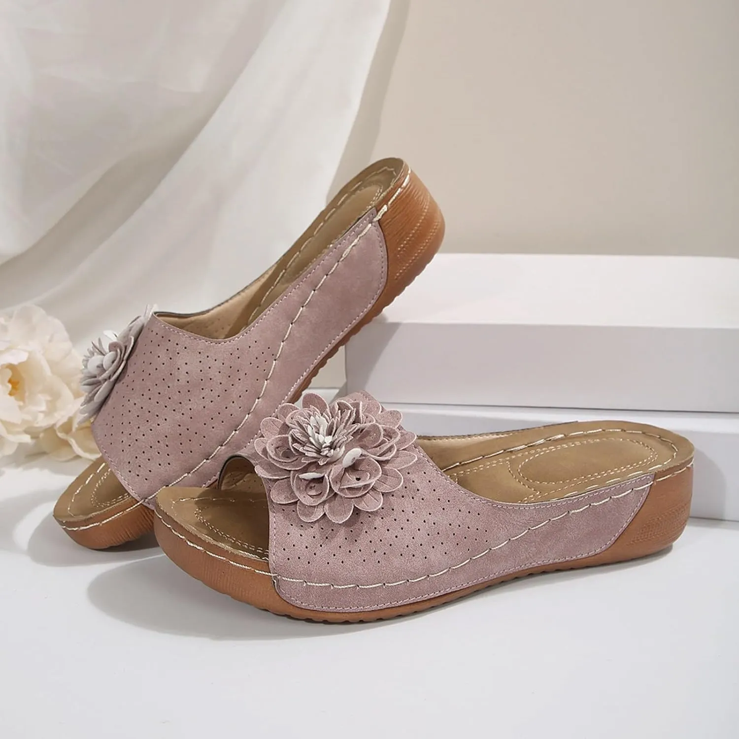 Summer Sandals for Women 2025 Low Wedge Sandal Retro Bohemian Suede Leather Floral Breathable Slip On Orthopedic Arch Support Slide Sandals Vacation Party Shoes